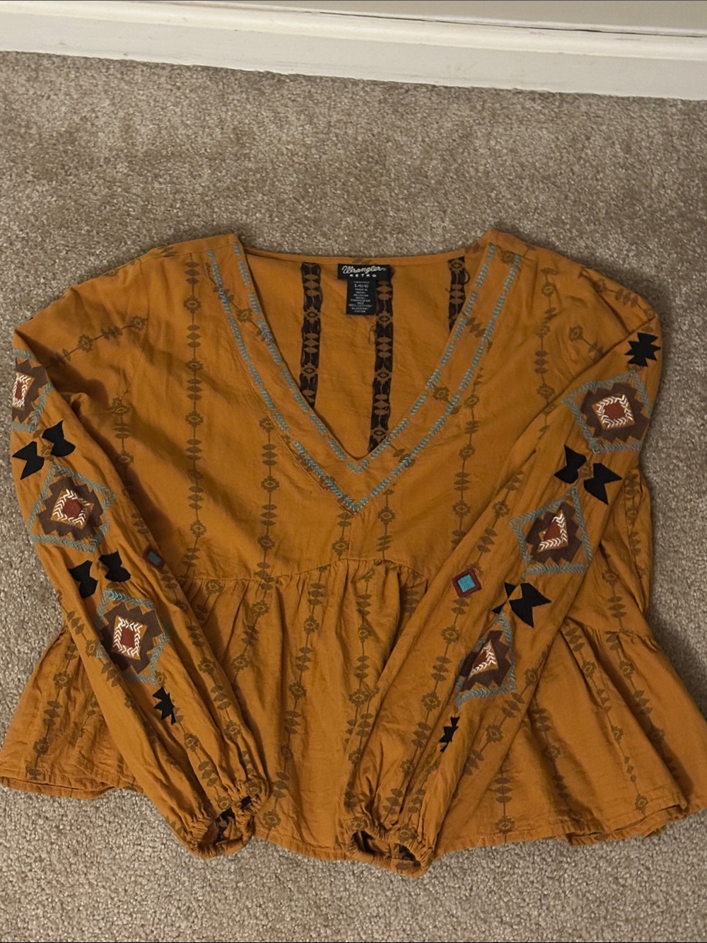 Wrangler Rust Embroidered Boho Peasant Blouse